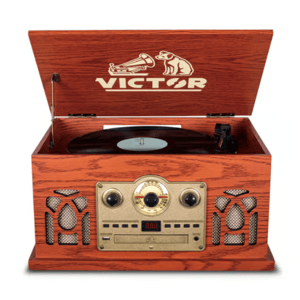 A vintage-style wooden Victor record player features a turntable, radio tuner, digital display, and CD player controls with built-in speakers.
