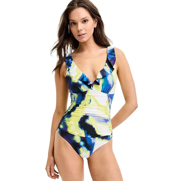 One-piece swimsuit with a multicolored abstract pattern, featuring a ruffled V-neckline.