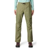 A person is wearing olive green outdoor pants with an elastic waistband and drawstring. They have hiking boots on, featuring pink laces.