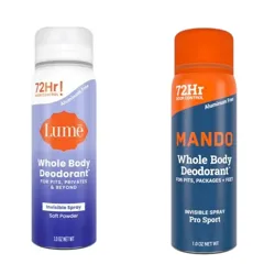 Two whole body deodorant sprays are shown: Lume Soft Powder for \“pits, privates, & beyond,\“ and Mando Pro Sport for \“pits, packages, & feet.\“ Both offer 72-hour odor control and are aluminum-free.