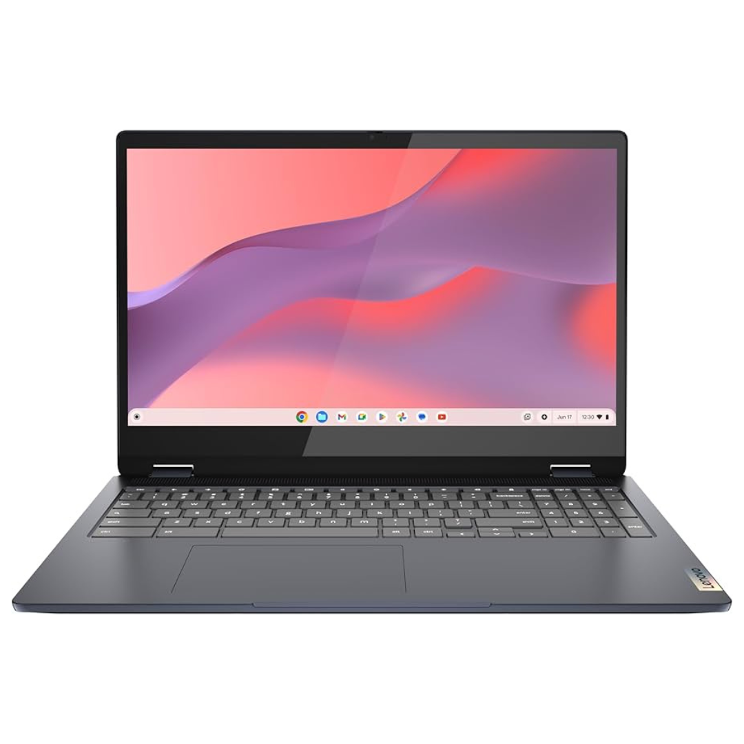 A Chromebook laptop with a sleek design, featuring a full keyboard and a high-resolution screen displaying a vibrant pink and purple wave background.