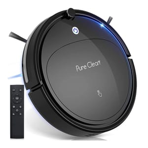 An automatic robotic vacuum cleaner with a remote control.
