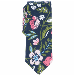 A navy tie with a colorful floral pattern featuring pink, white, and blue flowers with green leaves.