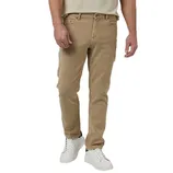 A person wearing beige pants with a button closure and pockets, along with white sneakers, and a beige shirt.