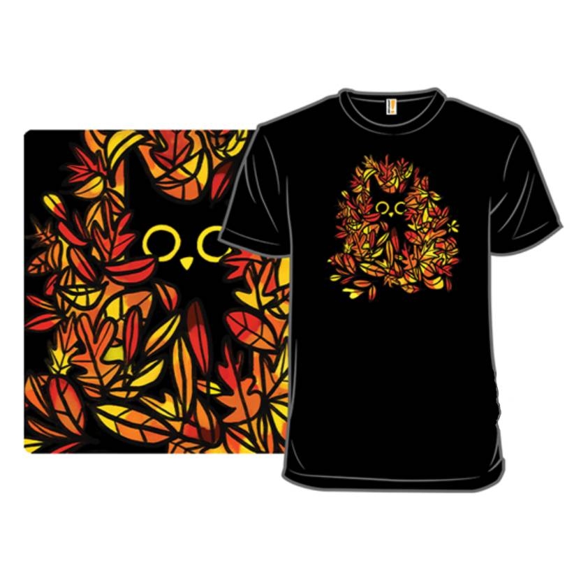 A black t-shirt with a colorful leafy owl design alongside a matching mouse pad.