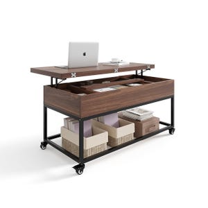 A wooden rolling lift-top coffee table with a metal frame, featuring a lift-up top for storage access, organized compartments, bottom shelf with baskets, and caster wheels for mobility.