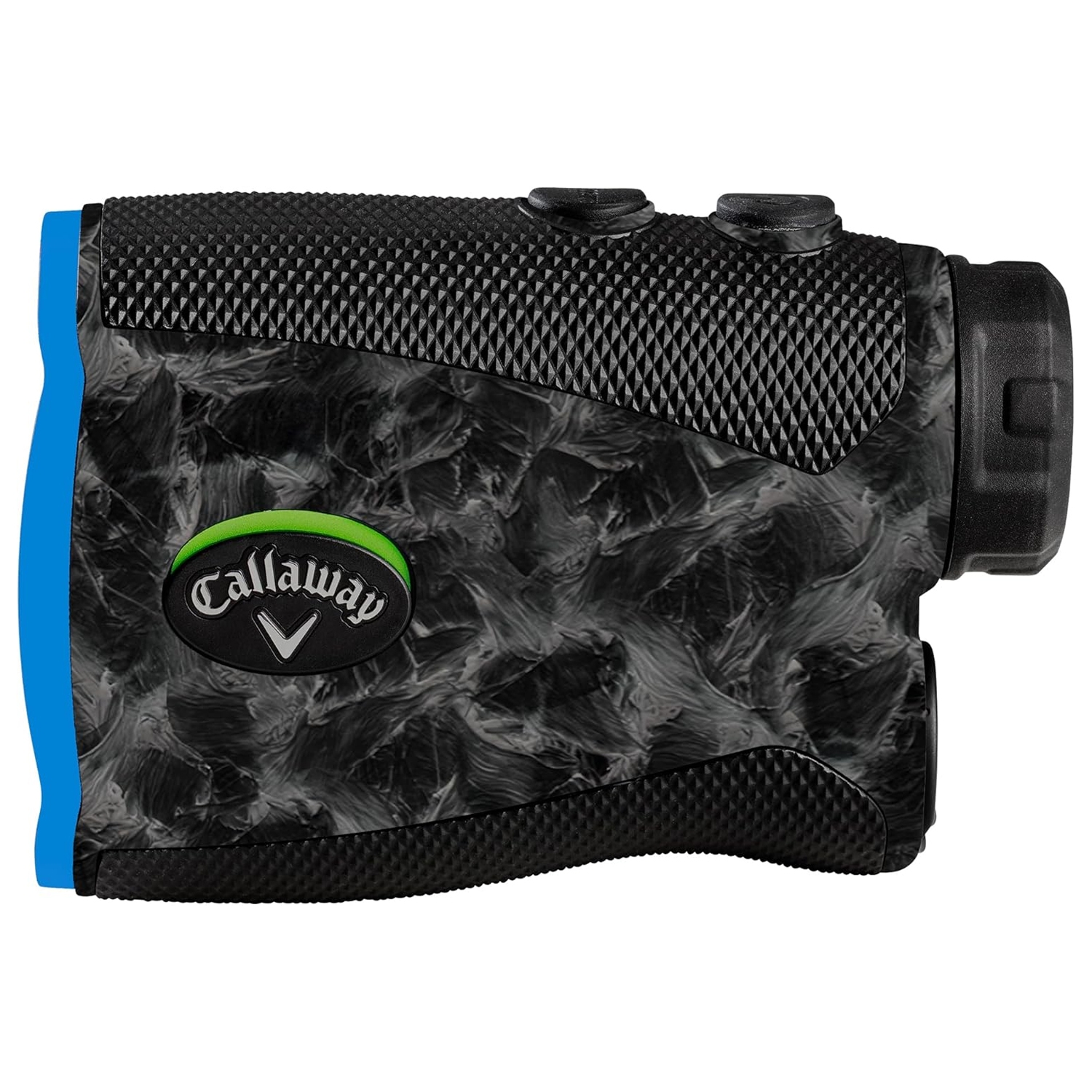 Callaway Golf Laser Rangefinder with a black textured design, blue accent, and green Callaway logo, featuring two control buttons on top for accurate distance measurement in golf.