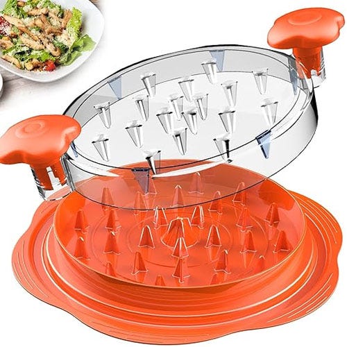 An orange kitchen device for shredding chicken easily.