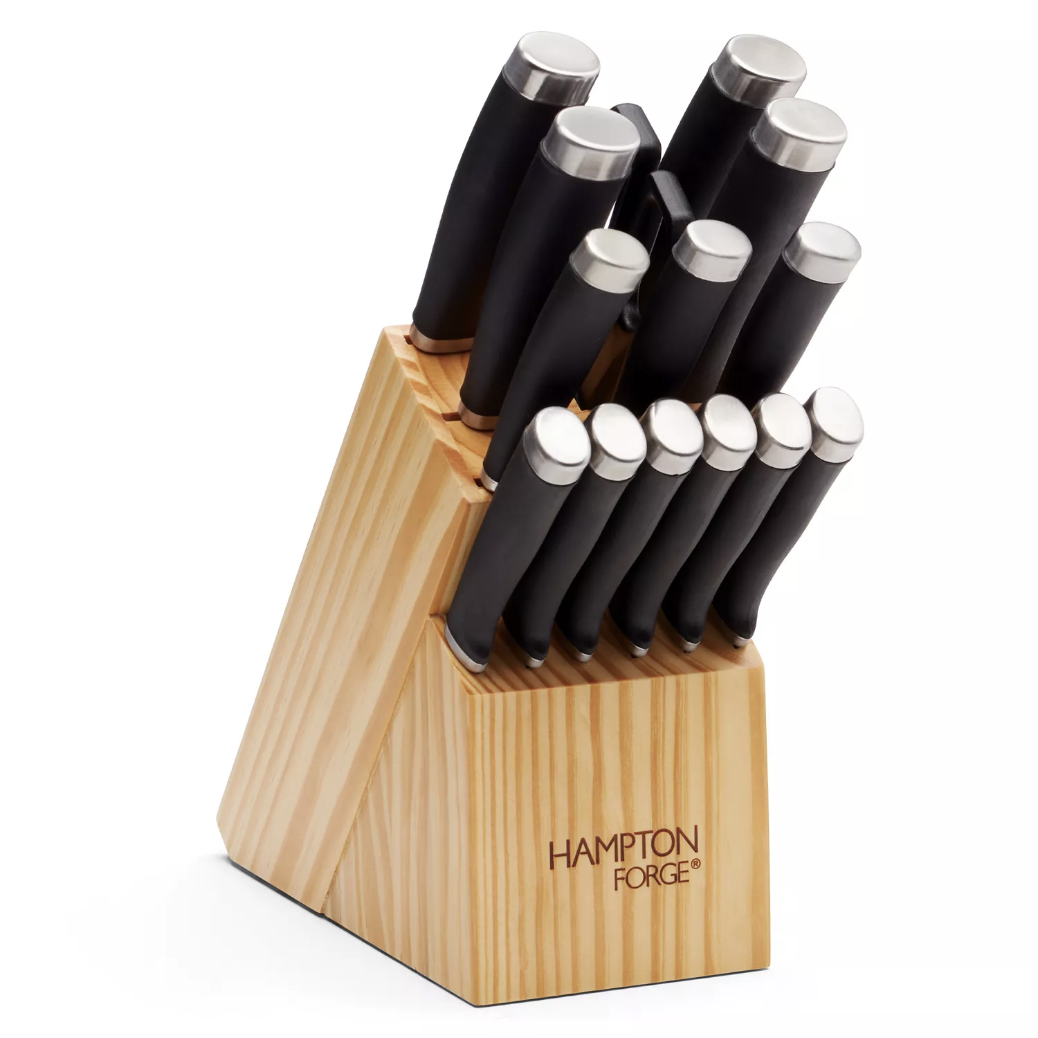 A set of kitchen knives with black handles displayed in a wooden block, branded \“Hampton Forge.\“