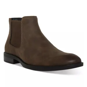 Brown Chelsea boot with elastic side panels and a low heel.