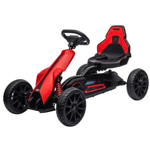 A red and black pedal go-kart with four large wheels, a steering wheel, and a sporty seat.