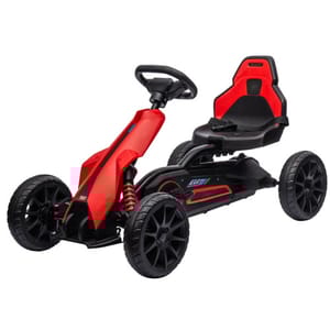 A red and black pedal go-kart with four large wheels, a steering wheel, and a sporty seat.