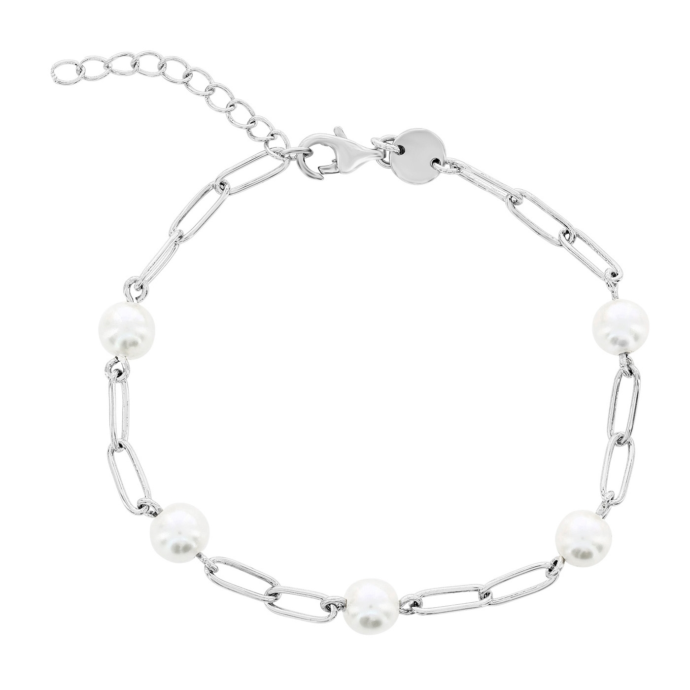This is a bracelet featuring a series of white shell pearls interspersed with elongated silver-toned links, equipped with an adjustable chain clasp.