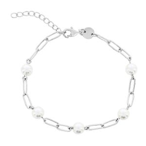 This is a bracelet featuring a series of white shell pearls interspersed with elongated silver-toned links, equipped with an adjustable chain clasp.