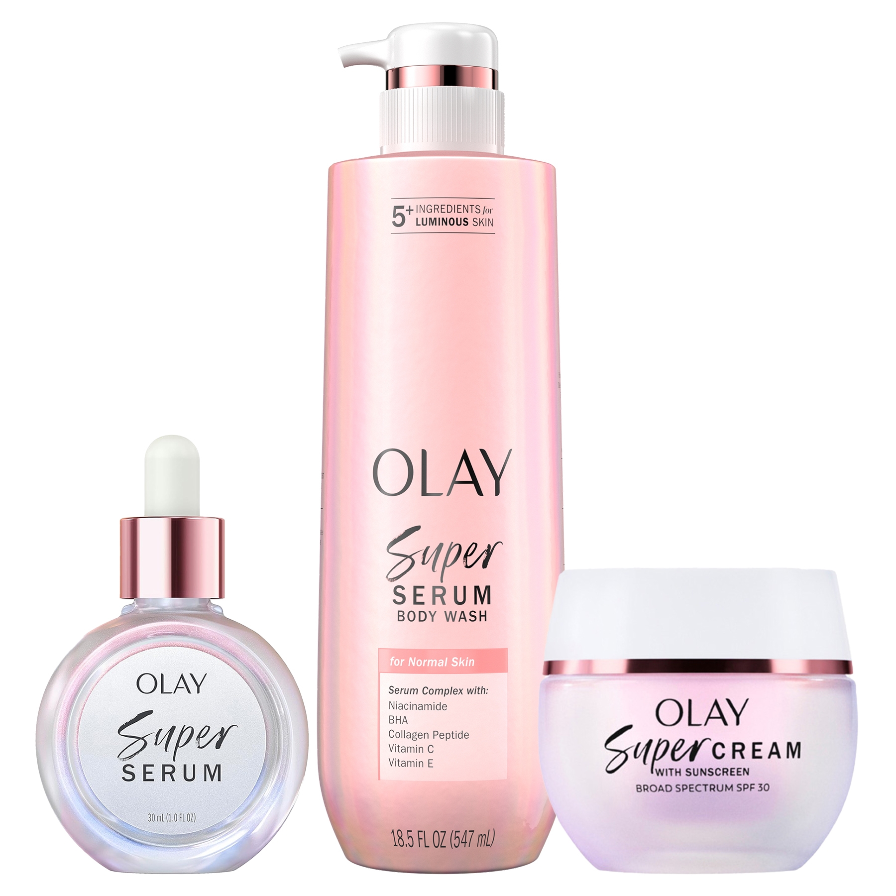 Olay Super Serum Bundle includes a Super Serum with a dropper, a Super Serum Body Wash for normal skin with a pump, and a Super Cream with Sunscreen Broad Spectrum SPF 30, each designed to promote luminous skin.