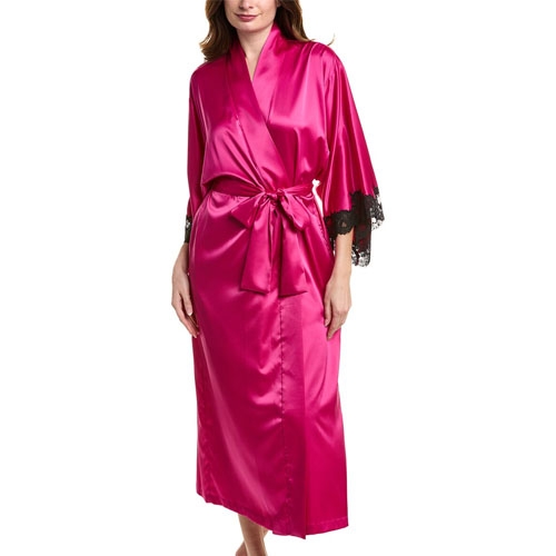 A magenta satin robe with black lace trim on the sleeves, featuring a tie belt around the waist.