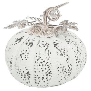 A decorative white pumpkin adorned with black speckles and a metallic vine and leaf design on top.