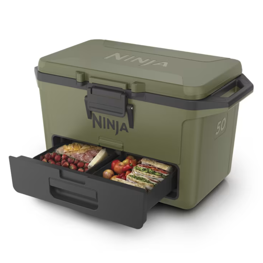 Ninja Cooler with a 50-quart capacity featuring a pull-out drawer storing food items like sandwiches, fruits, and cheeses.