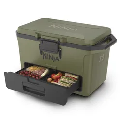 Ninja Cooler with a 50-quart capacity featuring a pull-out drawer storing food items like sandwiches, fruits, and cheeses.