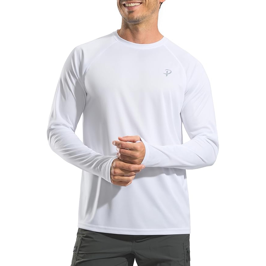 A person is wearing a plain white long-sleeve athletic shirt paired with dark cargo shorts.