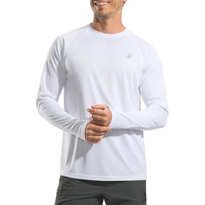 A person is wearing a plain white long-sleeve athletic shirt paired with dark cargo shorts.