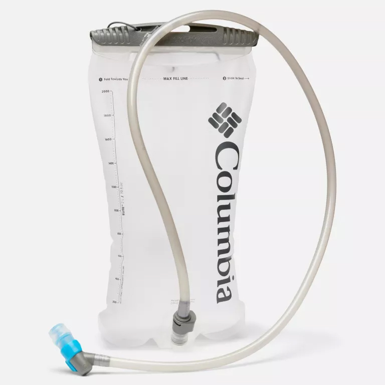 A 2-liter hydration reservoir by Columbia, featuring measurement markings, a flexible drinking tube, and a bite valve.