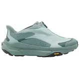 A light teal athletic shoe with a sleek, slip-on design and a Vibram sole for enhanced traction and performance.