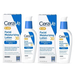 CeraVe Facial Moisturizing Lotion AM with SPF 30, 3 fl oz, includes sunscreen, niacinamide, hyaluronic acid, and essential ceramides.