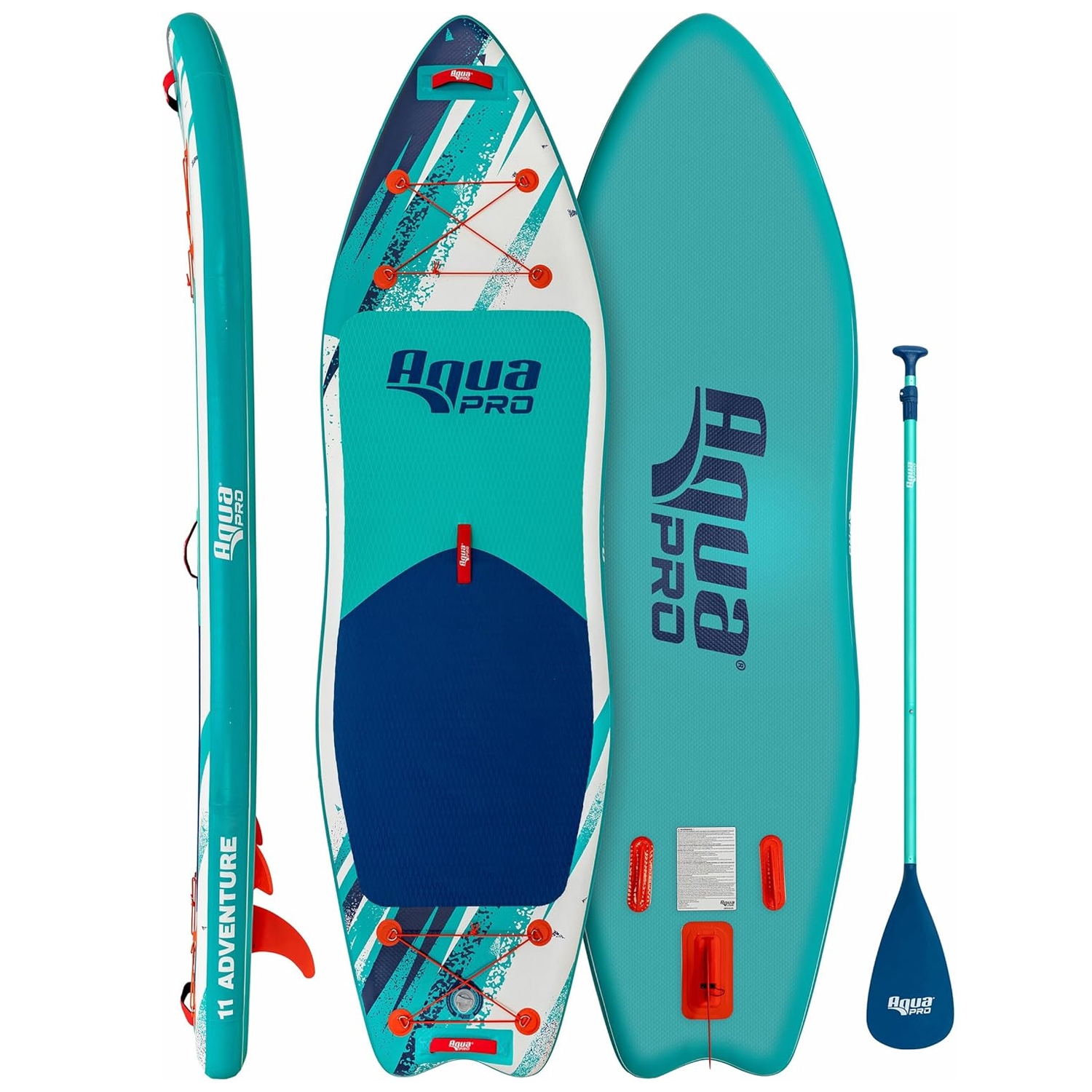 Aqua PRO Halcyon Adventure Paddleboard features vibrant turquoise and white colors with bungee storage, a textured grip pad, and comes with a matching paddle. Its design includes multiple fins and is labeled \“11 Adventure\“ on the side.