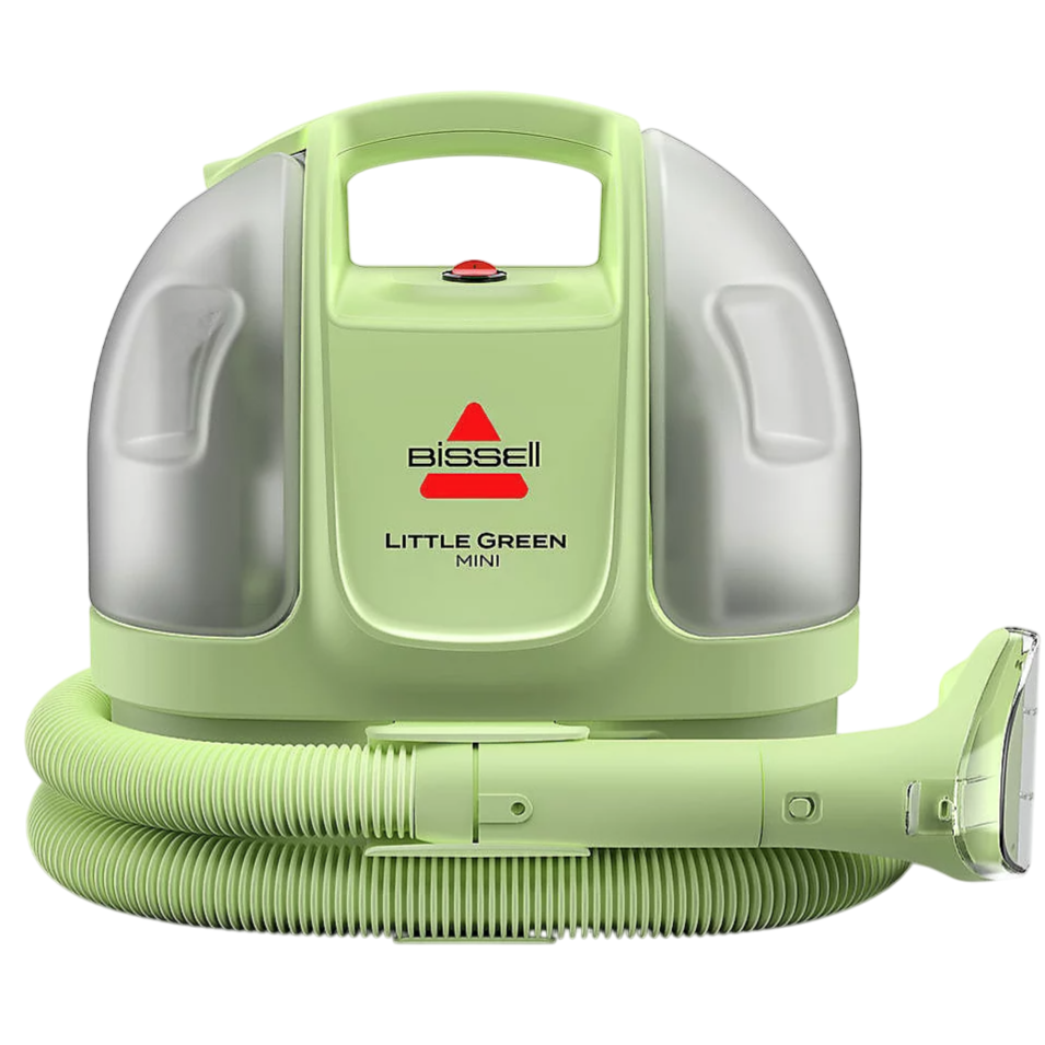 Bissell Little Green Mini portable carpet and upholstery cleaner, light green, with a hose and spray nozzle.