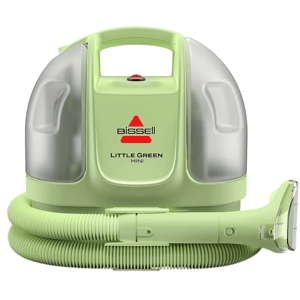 Bissell Little Green Mini portable carpet and upholstery cleaner, light green, with a hose and spray nozzle.