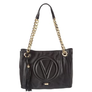 Black leather handbag with a prominent embossed Valentino logo, gold-tone chain strap, and a tassel detail.
