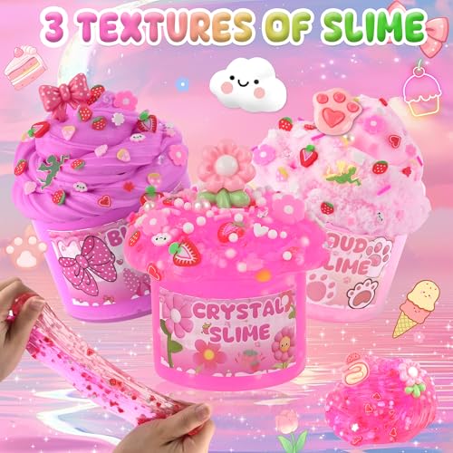 Three types of pink slime with different textures are decorated with cute elements like strawberries, bows, and flowers, in labeled containers: Butter Slime, Cloud Slime, and Crystal Slime.