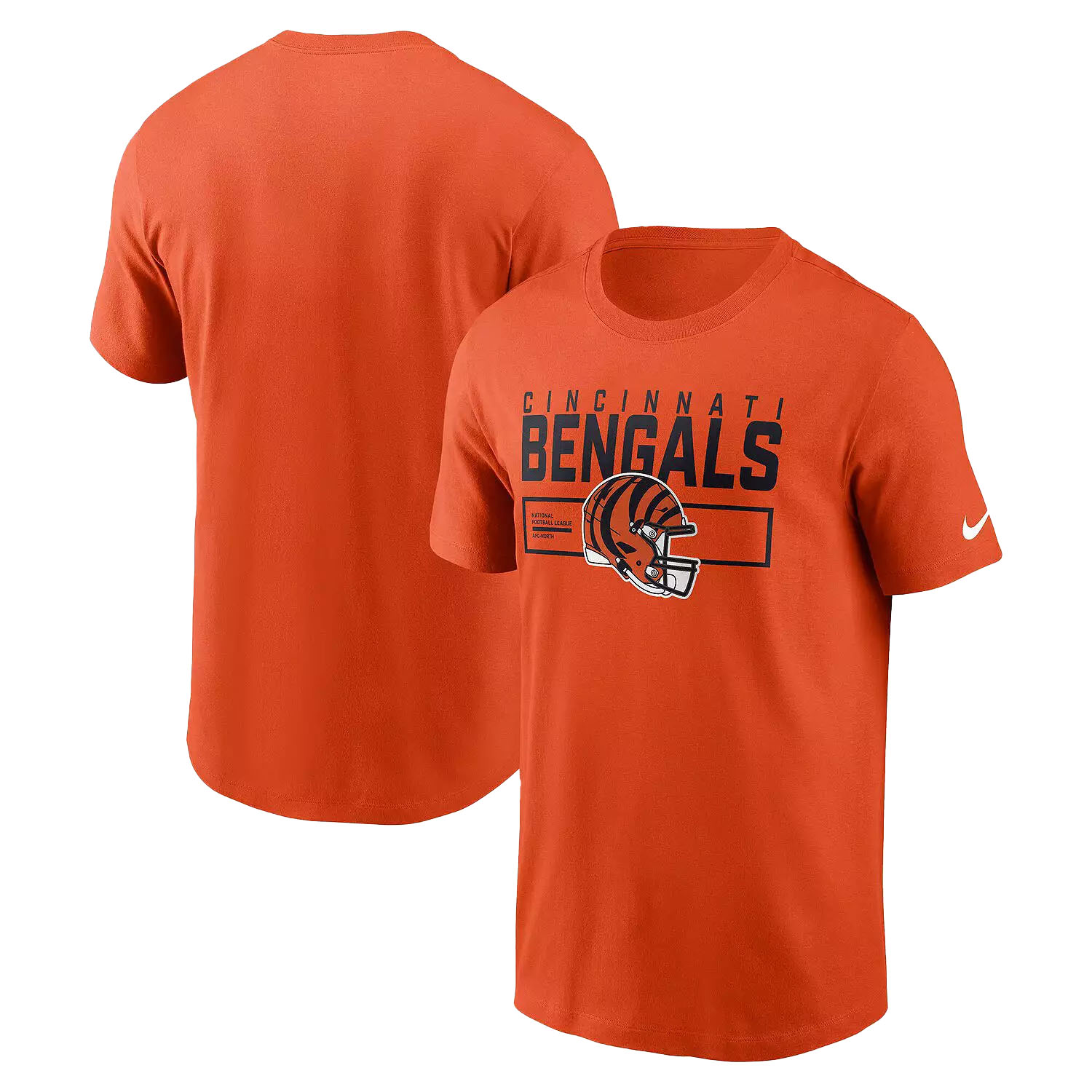 Orange Cincinnati Bengals short-sleeve Nike T-shirt with team name and helmet graphic on the front.