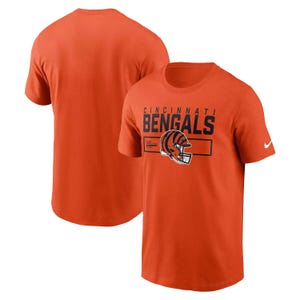 Orange Cincinnati Bengals short-sleeve Nike T-shirt with team name and helmet graphic on the front.