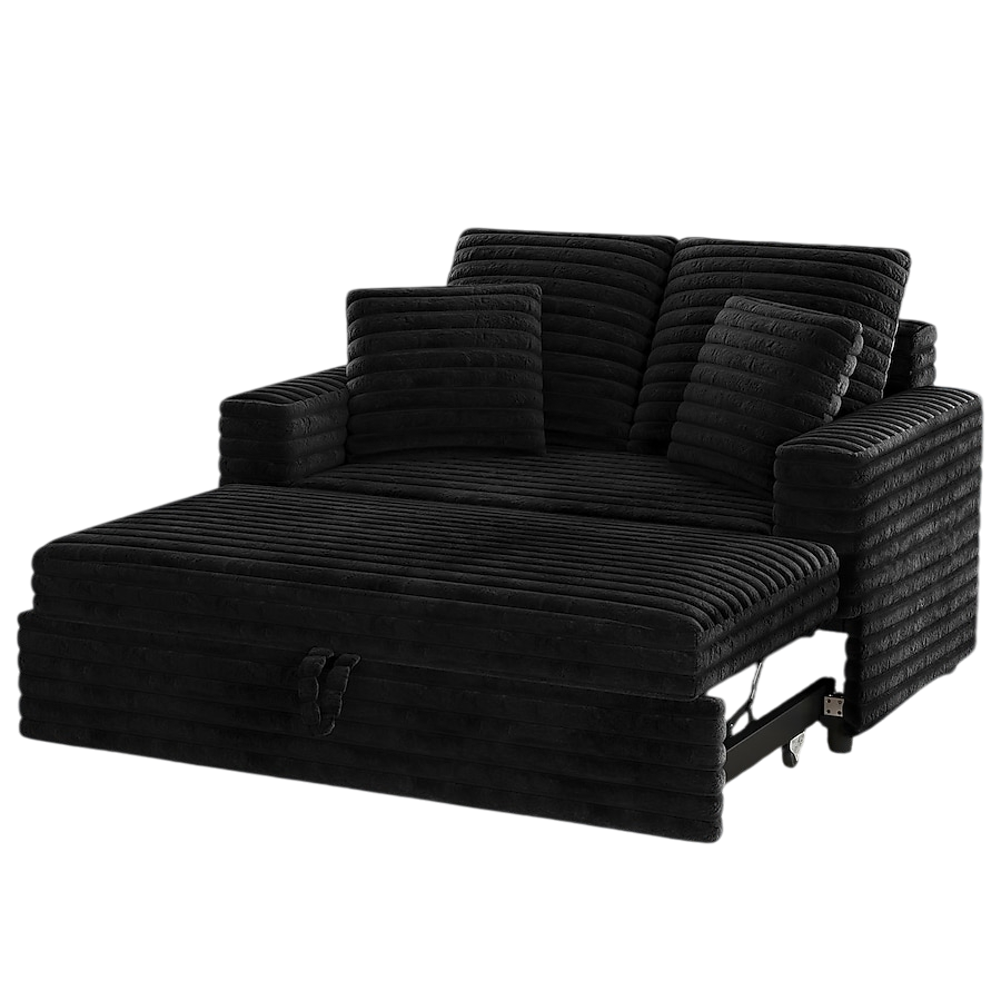 Black corduroy sleeper chair with a pull-out cushion, accompanied by two matching striped pillows, set in a modern living room.