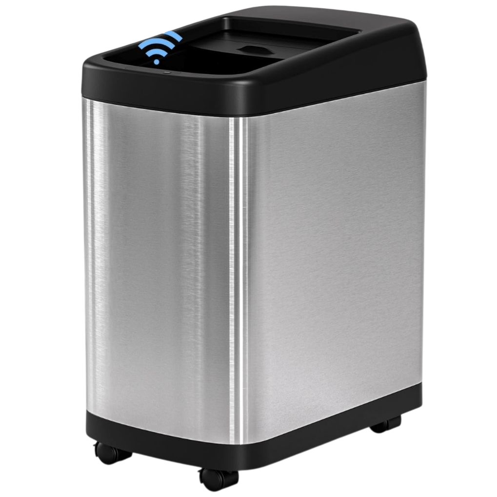 A stainless steel trash can with a motion-sensor lid, featuring wheels for mobility and a Wi-Fi symbol indicating smart functionality.