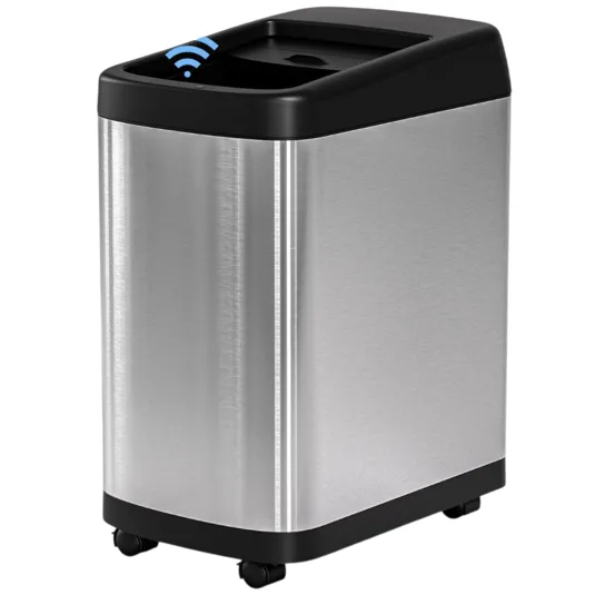 A stainless steel trash can with a motion-sensor lid, featuring wheels for mobility and a Wi-Fi symbol indicating smart functionality.