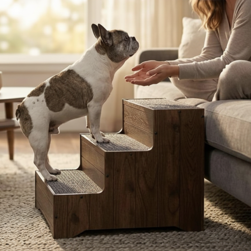 A small dog stands on a wooden pet staircase placed beside a couch, interacting with a person sitting on the couch.