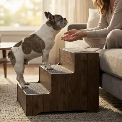 A small dog stands on a wooden pet staircase placed beside a couch, interacting with a person sitting on the couch.