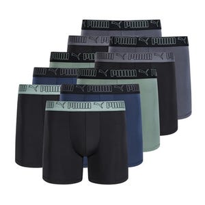 Set of 10 Puma boxer briefs in various colors, including black, blue, green, and gray, featuring branded elastic waistbands with the Puma logo.