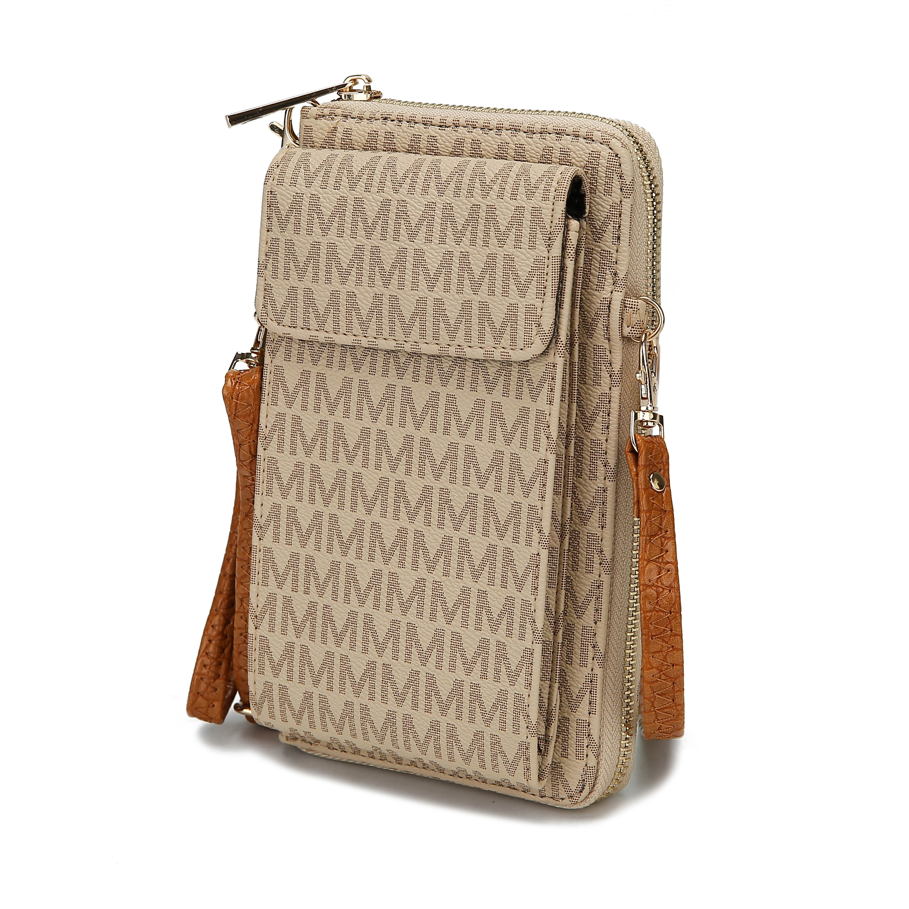Tan crossbody phone wallet with a monogram pattern and brown leather accents.