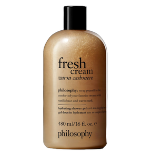 Philosophy Fresh Cream Warm Cashmere hydrating shower gel with a comforting scent of vanilla bean and warm musk, 480 ml (16 fl. oz.).