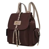A brown backpack with beige straps and detailing, featuring a flap closure, side pockets, and a front emblem.