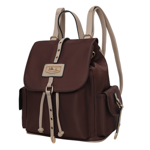 A brown backpack with beige straps and detailing, featuring a flap closure, side pockets, and a front emblem.