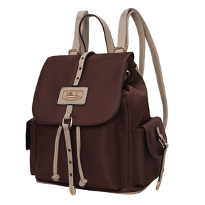 A brown backpack with beige straps and detailing, featuring a flap closure, side pockets, and a front emblem.