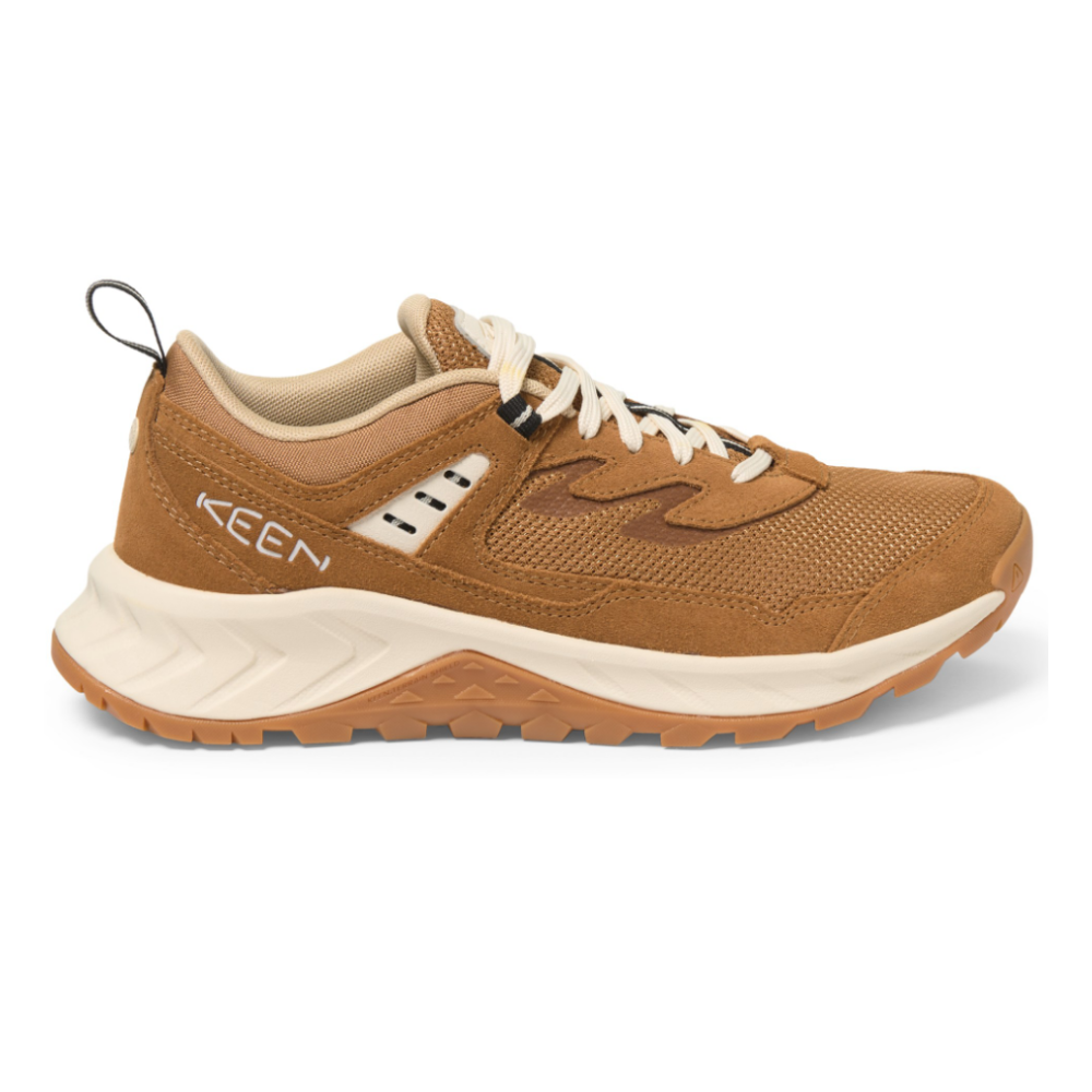 A brown KEEN sneaker featuring a breathable mesh upper, suede overlays, and a beige sole with traction pattern. Designed for comfort and durability.