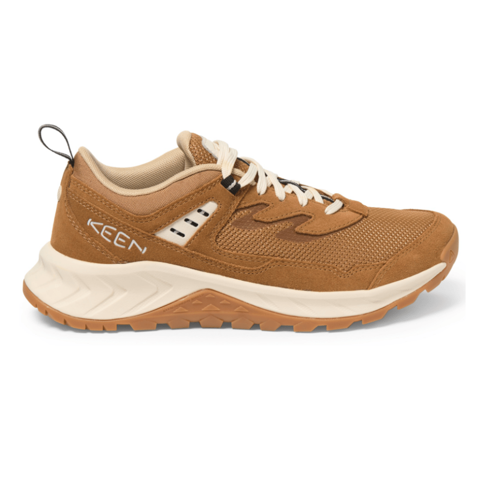 A brown KEEN sneaker featuring a breathable mesh upper, suede overlays, and a beige sole with traction pattern. Designed for comfort and durability.