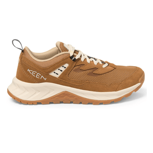 A brown KEEN sneaker featuring a breathable mesh upper, suede overlays, and a beige sole with traction pattern. Designed for comfort and durability.