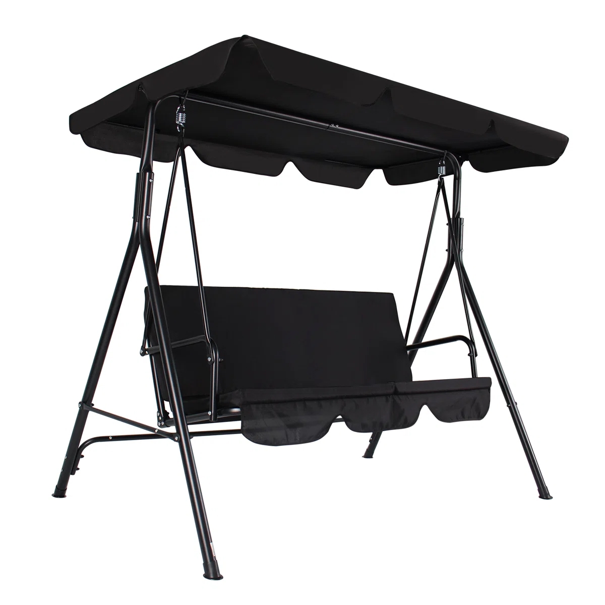 A black 3-person porch swing with a canopy features a metal frame for stability and a comfortable seat. The canopy provides shade, and the swing design allows smooth motion for relaxation.